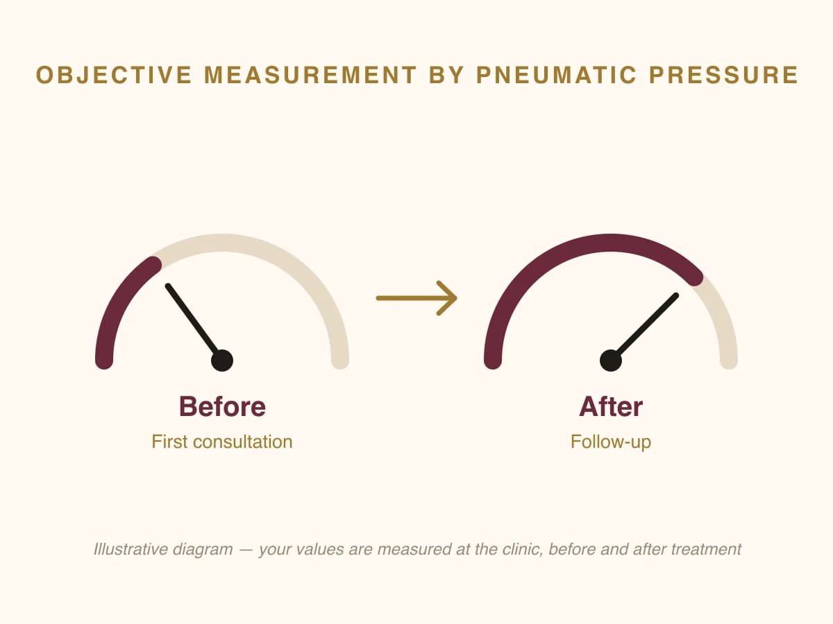 Diagram of the objective laxity measurement by pneumatic pressure, before and after treatment