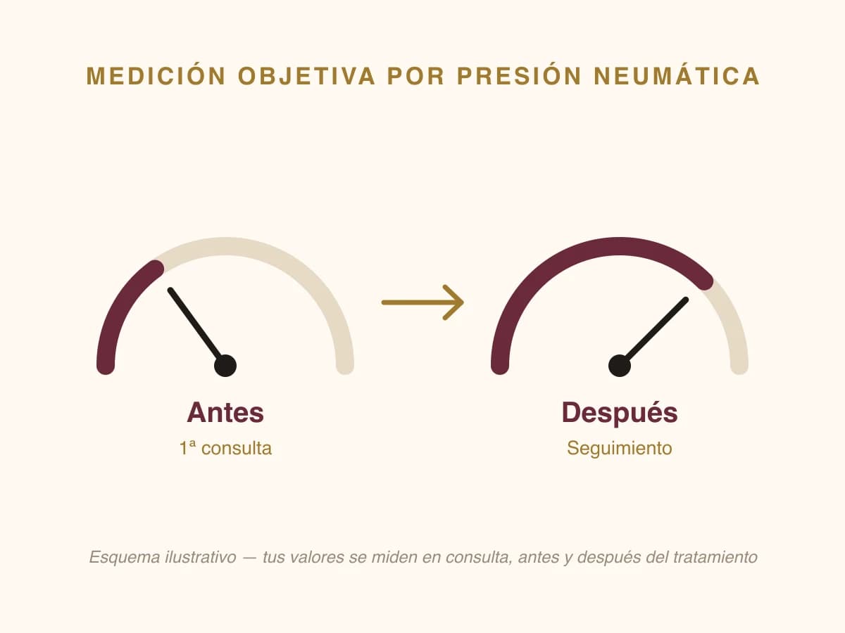 Esquema de la medición objetiva de laxitud por presión neumática, antes y después del tratamiento